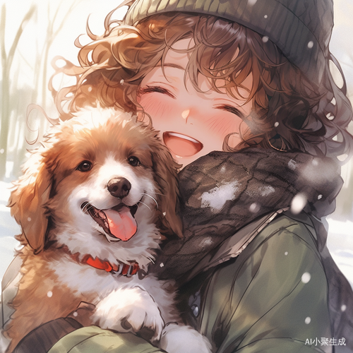 小卷毛女生在雪地里搞怪穿棉袄裙，旁边有只小柴犬