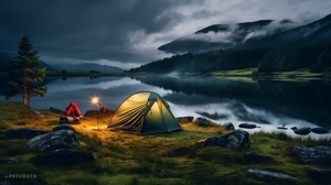 Exquisite camping, campingequipment, rainy days, lakes, grasslands, small animals, fireflies everywhere, real nature, very detailed, professional photos, human perspective perspective, 8k photo,50mm -s 250-style raw -v 6.0-ar 16:9