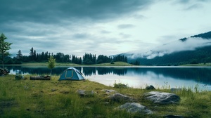 Exquisite camping, campingequipment, rainy days, lakes, grasslands, small animals, fireflies everywhere, real nature, very detailed, professional photos, human perspective perspective, 8k photo,50mm -s 250-style raw -v 6.0-ar 16:9