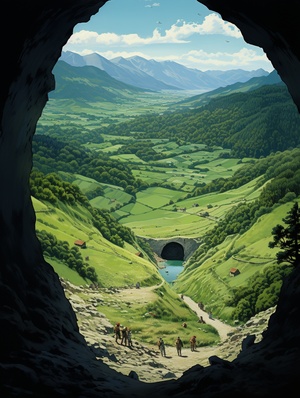 一条乡间小路通往一座绿色的高山上，到达这座山后，发现在这座山的另一面是一个大洞口，从洞口往下看，是另外一个美丽的世界，洞口下面是一条小河，小河里很多孩子在嬉戏