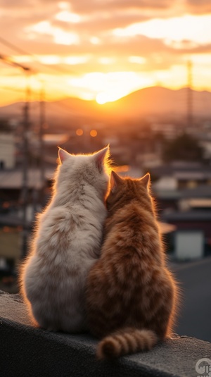 The back of two kittens sitting looking at the sunset in Kyoto, Japan, is a cat putting its hand on the shoulder of the other cat,