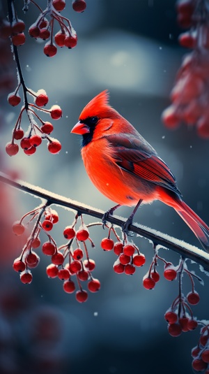 Bird Photography, Red Cardinal in the snow on a red berry tree, Beautiful lighting, raking light, 8k, wallpaper