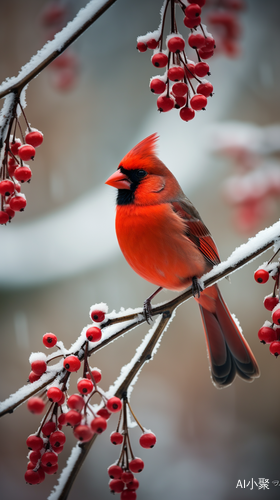 Bird Photography: Red Cardinal in the Snow on a Red Berry Tree