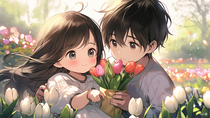 Cute 90s Anime Style Boy and Girl with Tulips in Spring