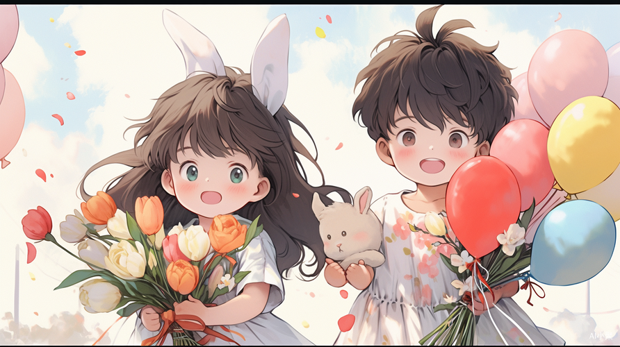 Cute 90s Anime Style Boy and Girl with Tulips in Spring