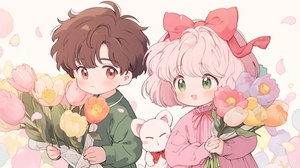 90s anime style, cute little boy and cute little girl are 3 years old. The boy has a round face, big eyes, short black hair, and a cute expression. Next to him is a cute girl who is wearing a pink dress with flowing long hair and bangs. There is a big bow on the clothes. She held tulips in her hand, and in spring, the tulip background was sweet and lovely. Clear design, 16k, with detailed close-up and facial features, Nii5 ar 16:9