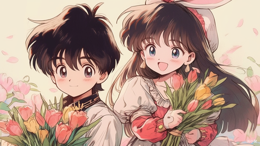 Cute Little Boy and Girl in 90s Anime Style