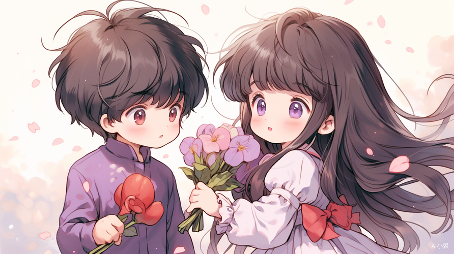 Cute Anime Boy and Girl with Tulip Background