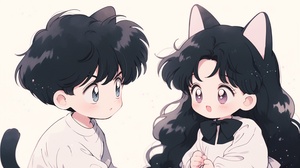 90s anime style, cute little boy and cute little girl 3 years old. The boy has a round face, big eyes, short black hair, cute expressions, and a cute white and black little one next to himCat, the girl is wearing a white dress, long hair, bangs, and has a big bow on the clothes. There is a small black cat next to her, playing games with their phone. The phone, sofa, and living room scene are sweet and cute. The modeling is clear and 16k, with detailed close-up and facial close-up,Nii5 ar 16:9