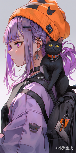 紫发女孩与橘猫