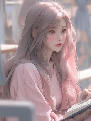 a girl reading a book with long hair, in the style of romantic illustrations, kawaii aesthetic, light pink and light gray, 32k uhd, i can't believe how beautiful this is, sparse and simple, womancore