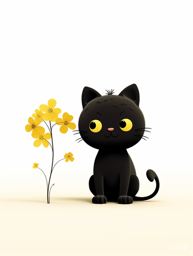 Fluffy Black Cat Smelling Yellow Flower in 3D Animation