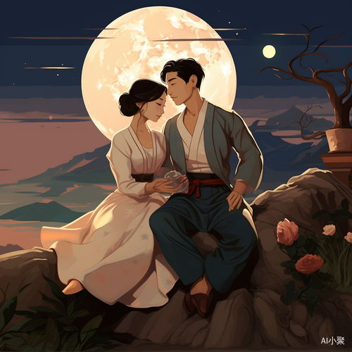 Asian young couple enjoying romantic moment under full moon