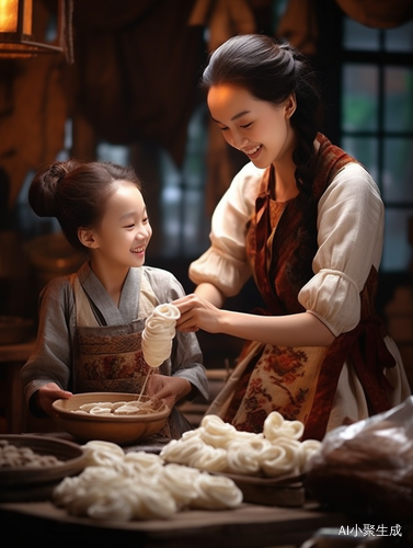 妈妈与女儿包饺子民国风情