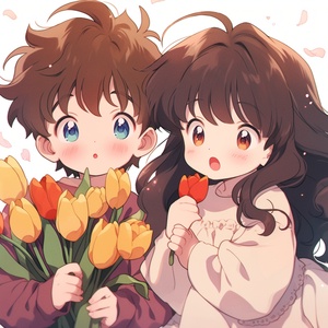 90s anime style, cute little boy and cute little girl are 3 years old. The boy has a round face, big eyes, short black hair, and a cute expression. Next to him is a cute girl who is wearing a white dress with long hair and bangs. There is a big bow on her clothes. She holds tulips in her hand. In spring, the warm flowers bloom, and the background is sweet and lovely. Clear design, 16k, with detailed close-up and facial features, Nii5