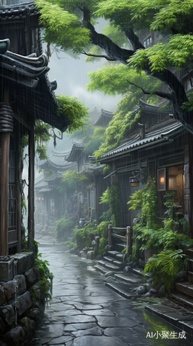 古镇街景烟雨朦胧树枝摇曳绿意盎然