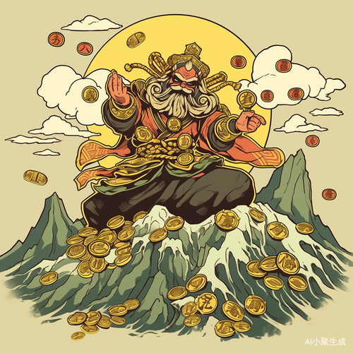 财神菩萨：笑容金色，伸手山水间进门金币