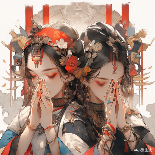年轻女性在庙中虔诚祈祷的中国风