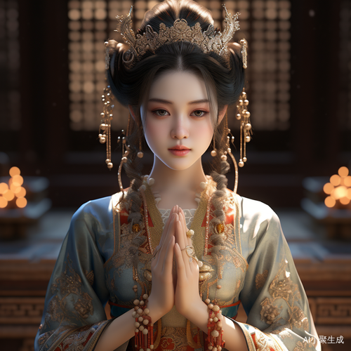 年轻女性在庙中虔诚祈祷的中国风