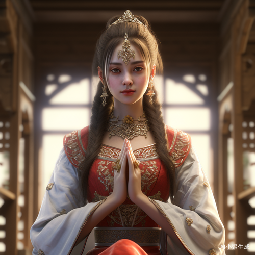 年轻女性在庙中虔诚祈祷的中国风