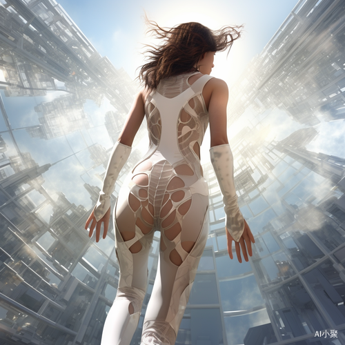 Dreamy Young Woman in Translucid Bodysuit and Futuristic Setting