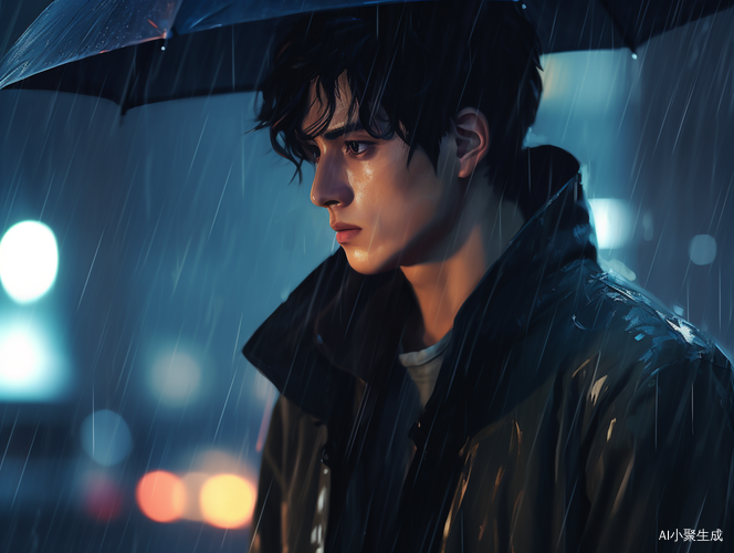 雨夜独自淋雨，路灯下的短发帅哥