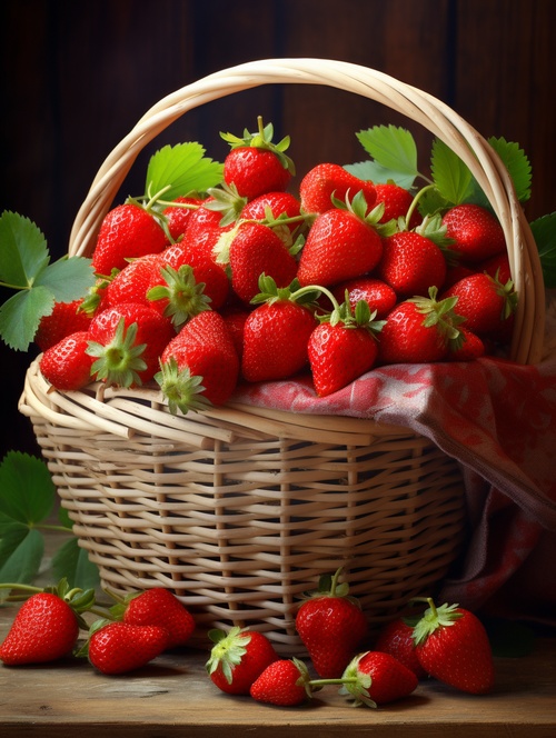 strawberries in a basket, in the style of photo-realistic hyperbole, 32k uhd, oshare kei, orderly arrangements, wimmelbilder, pretty, felinecore