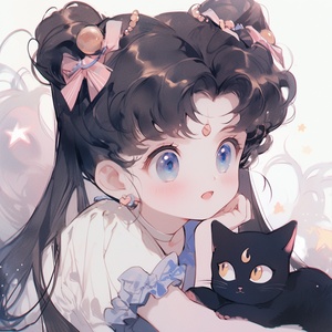 1-year-old baby sailor moon and cat, focus on face, 1990s anime, light pink background, blue and white s 400 niji 5 ar 1:1