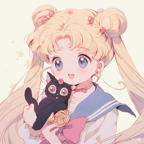 1-Year-Old Sailor Moon and Cat with 1990s Anime Aesthetic