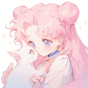 1-year-old baby sailor moon and cat, focus on face, 1990s anime, light pink background, blue and white s 400 niji 5 ar 1:1