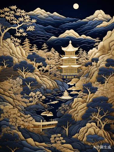 剪纸山水洒金楼阁——靛蓝映山