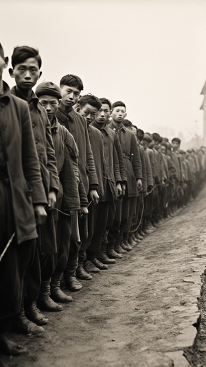 Chinese soldiers in World War II, wearing uniforms and carrying guns, lined up to form a line for training on the battlefield of China's National logistic war during the Japanese colonial period in Korea. They were young boys aged between ten and fifteen years old, standing side by side with their backs turned. This photo was taken from an angle behind them, showing the entire scene of Chinese military men and girls standing next to each other. The background is a simple landscape. The photo appears to 