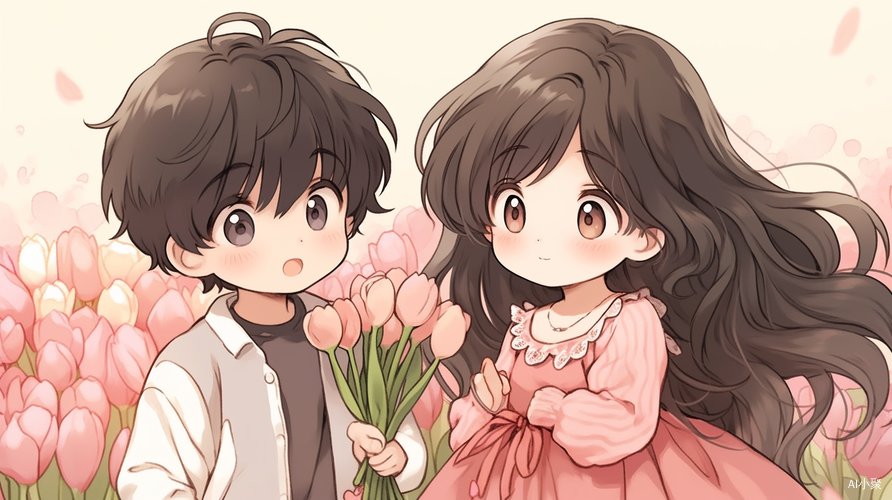 Cute Little Boy and Girl in 90s Anime Style with Tulip Background