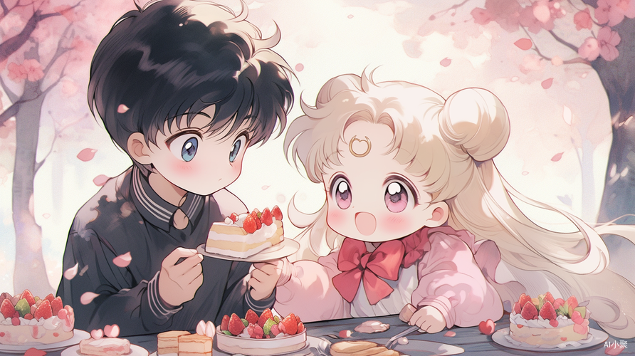 Cute Little Boy and Girl in 90s Anime Style with Tulip Background