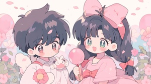 90s anime style, cute little boy and cute little girl are 3 years old. The boy has a round face, big eyes, short black hair, and a cute expression. Next to him is a cute girl who is wearing a pink dress with flowing long hair and bangs. There is a big bow on the clothes. She held tulips in her hand, and in spring, the tulip background was sweet and lovely. Clear design, 16k, with detailed close-up and facial features, Nii5 ar 16:9