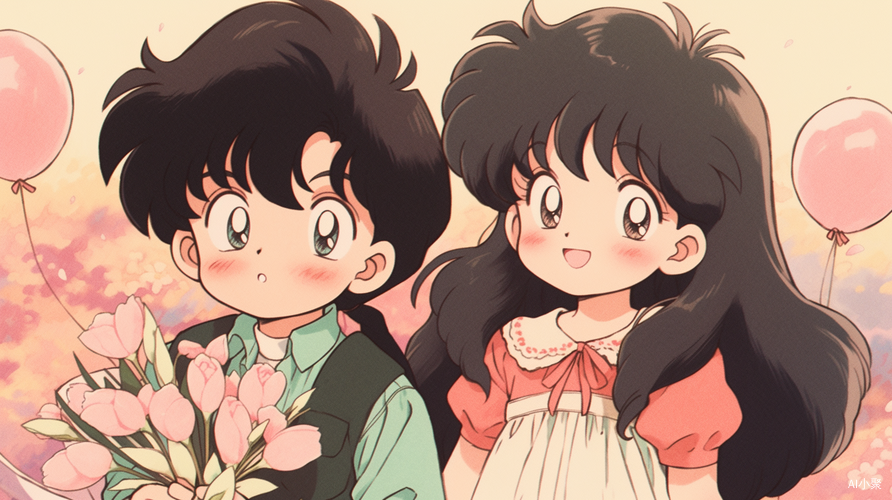 Cute Little Boy and Girl in 90s Anime Style with Tulip Background