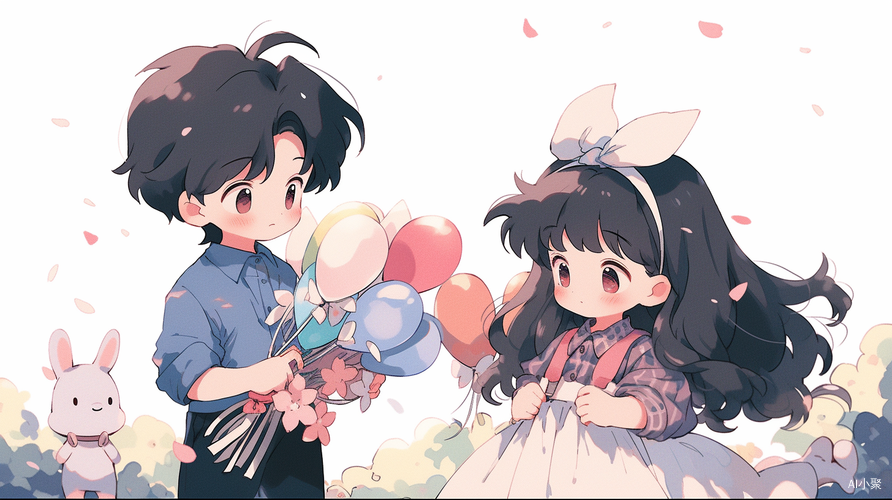 Cute Little Boy and Girl in 90s Anime Style with Tulip Background