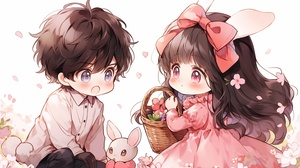 90s anime style, cute little boy and cute little girl are 3 years old. The boy has a round face, big eyes, short black hair, and a cute expression. Next to him is a cute girl who is wearing a pink dress with flowing long hair and bangs. There is a big bow on the clothes. She held tulips in her hand, and in spring, the tulip background was sweet and lovely. Clear design, 16k, with detailed close-up and facial features, Nii5 ar 16:9