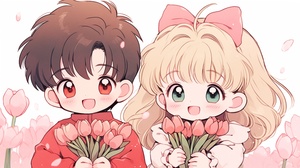 90s anime style, cute little boy and cute little girl are 3 years old. The boy has a round face, big eyes, short black hair, and a cute expression. Next to him is a cute girl who is wearing a pink dress with flowing long hair and bangs. There is a big bow on the clothes. She held tulips in her hand, and in spring, the tulip background was sweet and lovely. Clear design, 16k, with detailed close-up and facial features, Nii5 ar 16:9