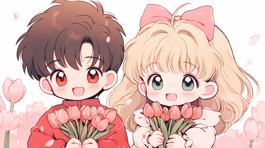 Cute Little Boy and Girl in 90s Anime Style with Tulip Background