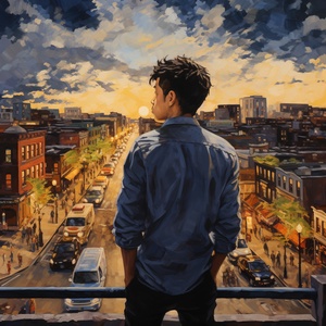 A young Asian artist stands at a distance, contemplating a large, impressionistic oil painting that dominates the foreground. The painting is a vibrant mix of colors that blur together up close, but from afar, the image of a bustling cityscape emerges. The artist’s thoughtful expression suggests a deep appreciation for the beauty that only becomes clear with perspective. The scene is set in a modern, well-lit gallery with soft, ambient lighting that enhances the warmth of the colors.