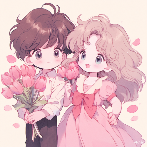 Cute 90s Anime-Style Boy and Girl with Tulips