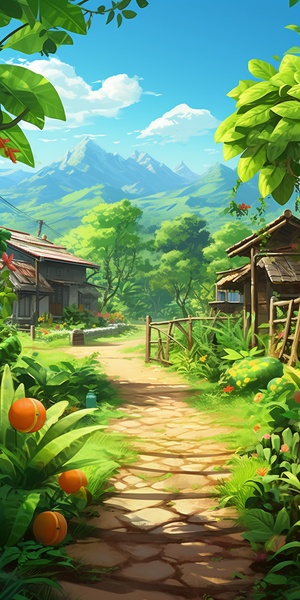 A small courtyard in southern China, green banan leaves, various flowers and plants, fruit trees, vegetable fields, a stream, summer, the scene after the rain, illustration style, bright colors, high saturation, high definition, high detail, illustration style.16k ar 3:4s200q 5 v 5.2