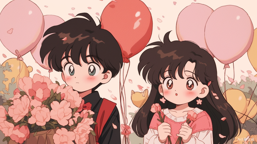 Adorable 90s Anime Style Kids with Tulips