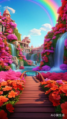 Vibrant 3D Cartoon Bridge with Rainbow Waterfalls