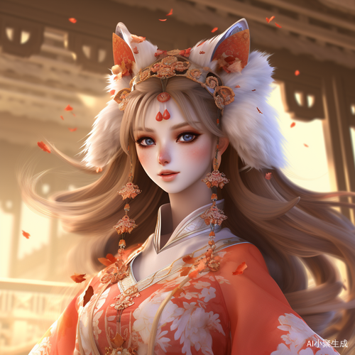 中国古风狐狸美女，绝世容颜在宫殿背景中展现