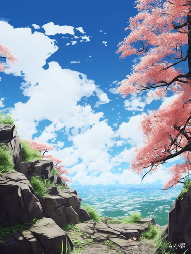 Anime-inspired Spring Scene with Clifftop Shrine