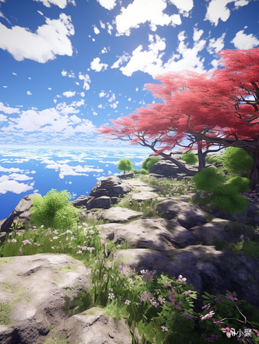 Anime-inspired Spring Scene with Clifftop Shrine