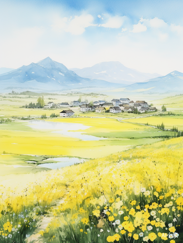 Spring Countryside: Yellow Green Grassland, Blooming Flowers and Distant Mountains