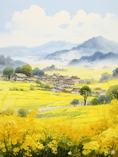 Spring Countryside: Yellow Green Grassland, Blooming Flowers and Distant Mountains